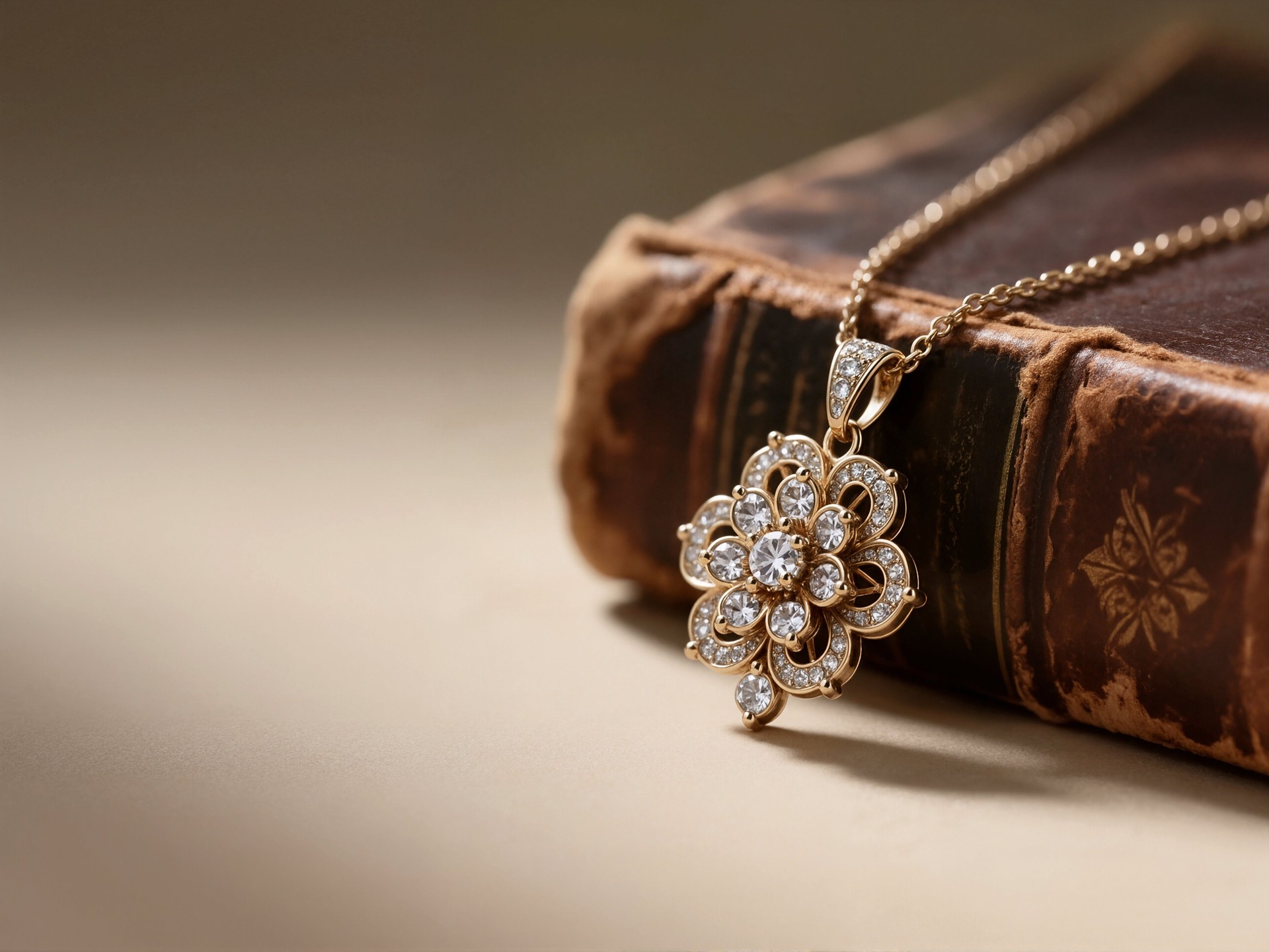 Retro-style diamond necklace placed on an old leather-bound vintage book.
