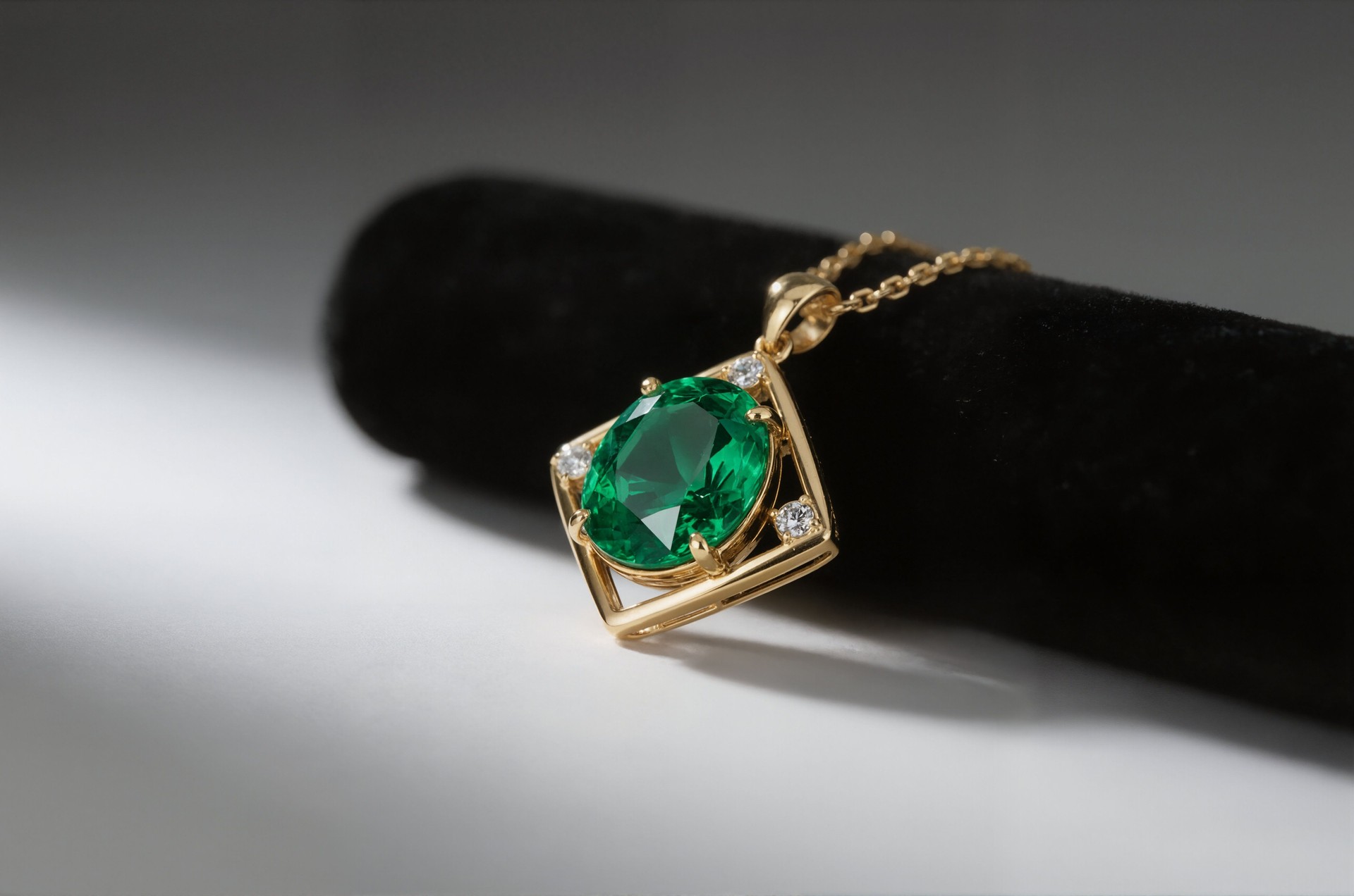 A necklace with a single emerald pendant rests gracefully on a black velvet base.